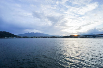 Kawaguchiko lake in sunset with Fuji mountain backdrop