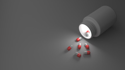 Pill bottle on red background for use in presentations, education manuals, design, etc