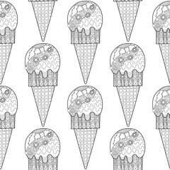 Black white seamless pattern with decorative ice cream for coloring.