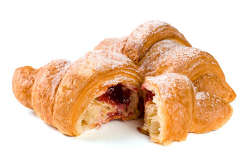 croissant and half with cherry jam powdered sugar isolated on white background closeup