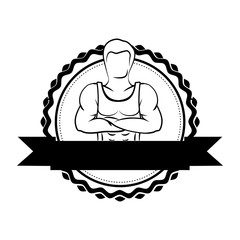 silhouette sticker border with muscle man crossed arms and label vector illustration