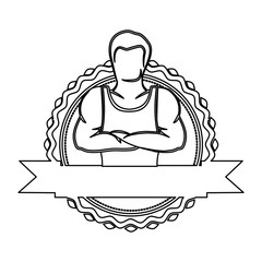 contour sticker border with muscle man crossed arms and label vector illustration