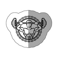Obraz premium sticker border with contour muscle man lifting a disc weights shading . Vector illustration