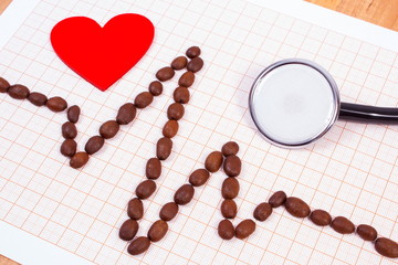 Obraz na płótnie Canvas Cardiogram line of coffee grains, stethoscope and red heart, medicine and healthcare concept