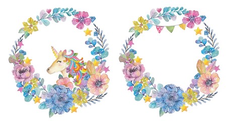 Cute watercolor wreaths with magic unicorn and flowers © Jane Lane