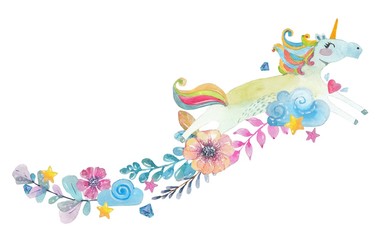 Fototapeta na wymiar Cute watercolor magic unicorn