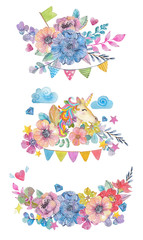 Cute watercolor flower background with magic unicorn