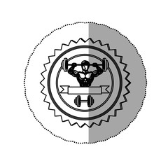 sticker contour stamp border with muscle man lifting a disc weights and label with dumbbell vector illustration
