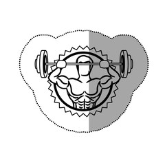sticker contour stamp border with muscle man lifting a disc weights vector illustration