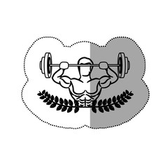 sticker ornament leaves with silhouette muscle man lifting a disc weights . Vector illustration