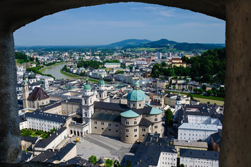 Aerial beautiful Panoramic View of the historic city of Salzburg and Salzach river at summer morning, Salzburg, Austria