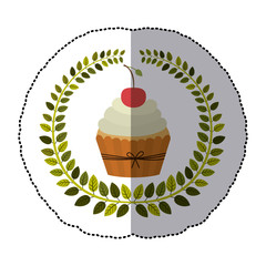 middle shadow sticker colorful with olive crown with cupcake with cream and cherry vector illustration