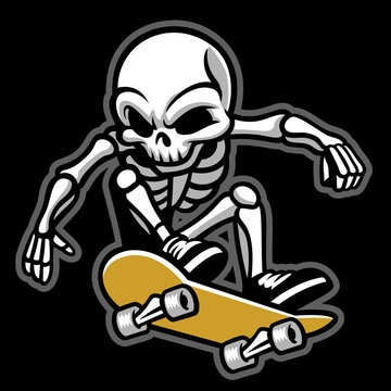 cartoon of skull ride a skateboard
