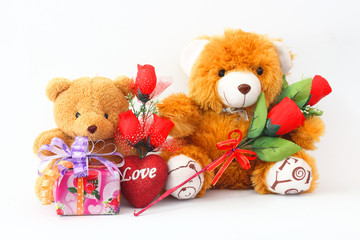 Two brown teddy bear with a red rose and a gift box on a white background.