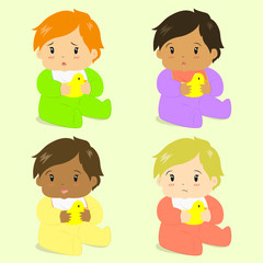 illustration of cute baby girls sitting and holding rubber duck, in different skin colors and face expressions
