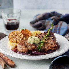 Fried Pork with Herb Butter and Mashed Potatoes