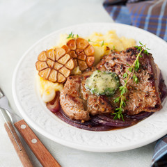 Fried Pork with Herb Butter and Mashed Potatoes