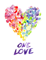 Big colorful rainbow heart and words "one love" painted in watercolor on clean white background