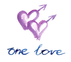Two Mars symbols in the shape of hearts and hand written lettering "one love" underneath painted in watercolor on clean white background
