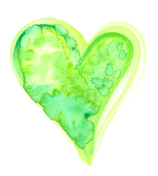 Single bright green heart painted in watercolor on clean white background