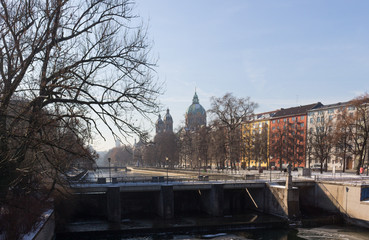 MUNICH – JANUARY 28: View on a city center from the bridge on ri