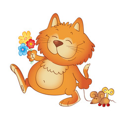 Happy cat with a gift and flowers. Cartoon vector illustration for greeting and birthday cards