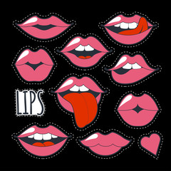 Set glamorous quirky icons. Vector illustration for fashion design. Bright pink makeup kiss mark. Passionate lips in cartoon style of the 80's and 90's isolated on black background.