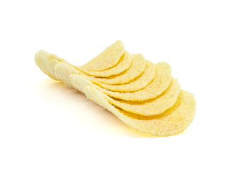 Stacks of paprika flovored poteto chips isolated on white background. Clipping path included in...