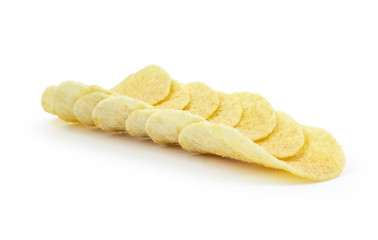 Stacks of paprika flovored poteto chips isolated on white background. Clipping path included in JPEG.