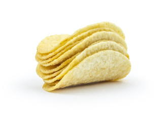 Stacks of paprika flovored poteto chips isolated on white background. Clipping path included in JPEG.