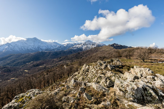 Snow covered Monte San Parteo and Asco mountains in Corsica