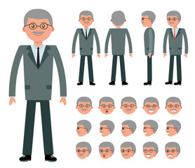 Male old businessman character constructor for different poses. Set of various men's faces and emotions. Cartoon vector flat-style illustration