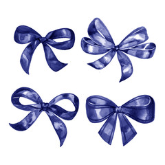 Watercolor bow set. Different blue bows and ribbons for holidays, greeting, celebration as Christmas, birthday, Valentines day, wedding.