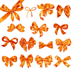 Watercolor satin orange bow set. Hand painted illustration.