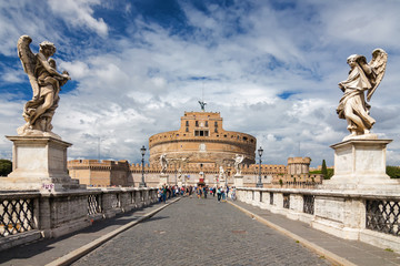 Saint Angel Castle and bridge over the Tiber river in Rome, Lazio region, Italy.