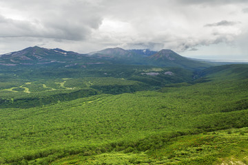 Fototapeta na wymiar Kronotsky Nature Reserve on Kamchatka Peninsula. View from helicopter.