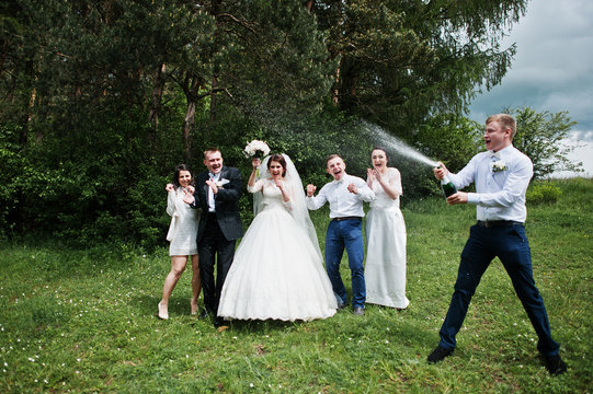 Wedding couple with their friends drinking champagne.