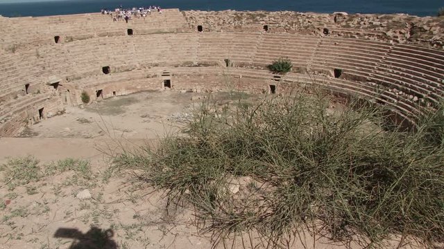 Wide shot of the amphitheatre at Leptis Magna. the extensive Roman ruins near Al Homs, Libya