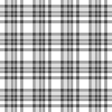 Seamless tartan plaid pattern. Checkered fabric texture print in stripes of grey and white.