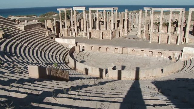 Tilt shot up the theatre of Leptis Magna the extensive Roman ruins near Al Homs, Libya