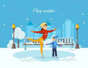 Fototapeta premium Boy ride on the ice, mom shows master class.