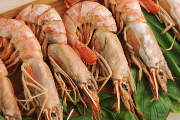 tiger shrimps on wooden Board with Basil leaves