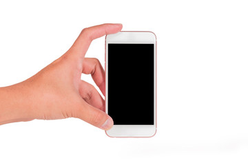 hand hold smartphone with blank black screen in vertical view isolated on white background as communication and technology concept