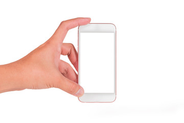 hand hold smartphone with white blank screen in vertical view isolated on background as communication and technology concept