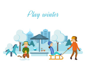 Naklejka premium Children play in the playground, setup firework rocket in snowdrift.