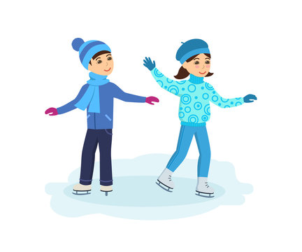 Boy with the girl ride on ice in good mood.