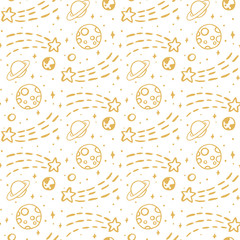 Seamless pattern with gold stars, planet, moon, earth on a white background.