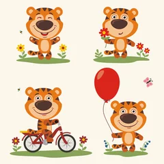 Papier Peint photo Singe Vector set funny tiger plays on meadow. Collection isolated tiger on bicycle, with balloon and flower in cartoon style.