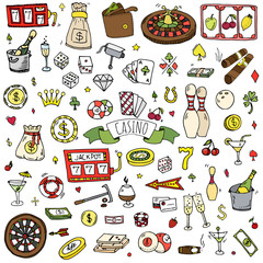 Hand drawn doodle set of Casino icons. Vector illustration set. Cartoon Gambling symbols. Sketchy game elements collection: bet, jackpot, cards, chips, coins, darts, roulette, poker, money, slot.