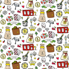Seamless pattern with hand drawn doodle Casino icon set. Vector illustration. Cartoon Gambling symbols. Sketchy game collection: bet, jackpot, cards, chips, coins, darts, roulette, poker, money, slot.